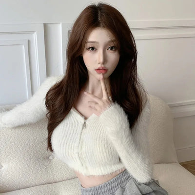Women's Sweater Coat Top Knitted Cardigan Plush Off Shoulder Short Style Gentleness Mink Solid Color Zipper Design