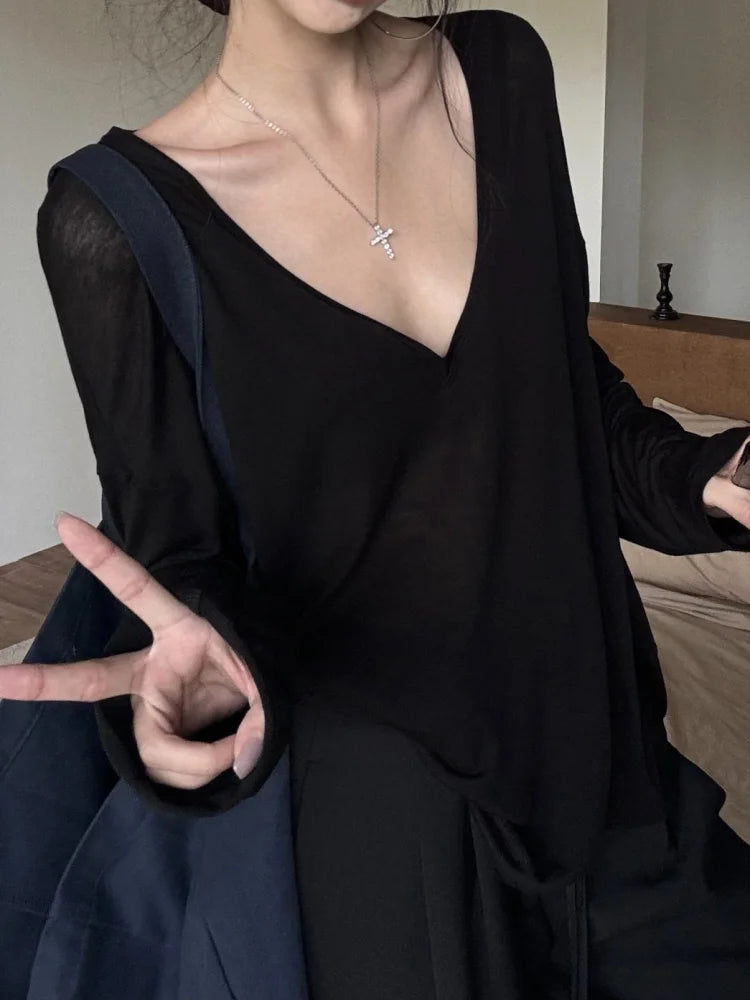 Women Oversized T Shirt Spring Summer V-neck Casual Fashion Loose Thin Long Sleeve Top Pullovers Chic White See Through T-shirt