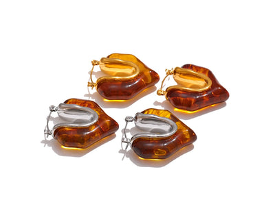Yhpup Fashion Amber Resin Geometry Hoop Earrings Trendy Stainless Steel 18K PVD Plated Jewelry Accessories Gift