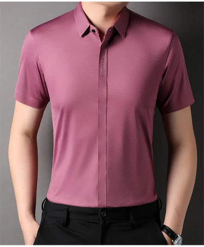 Summer New High-grade Hidden Button Men's Light Luxury Short Sleeve Shirts Men High Elastic Business Anti-wrinkle Ice Silk Shirt