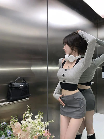 Women's Top Halter Vest 2 Piece Sets U Neck Long Sleeve Crop Tops Babes Korean Style Chic Short T-shirt Ladies Gothic Y2k Tees