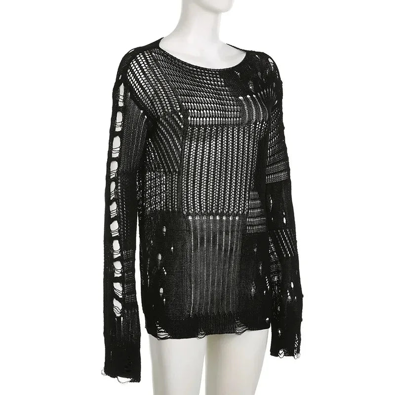 Women's Vintage Gothic Hollow Knit Sweater with Ripped Holes Grunge Y2K Style Thin Long Sleeve Loose Fit Summer Top in Black