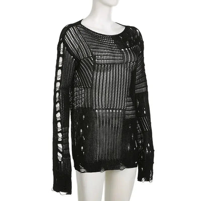 Women's Vintage Gothic Hollow Knit Sweater with Ripped Holes Grunge Y2K Style Thin Long Sleeve Loose Fit Summer Top in Black
