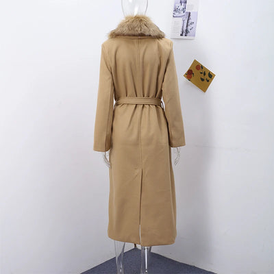 Elegant Fur Lapel Long Coat Women With Belt Woolen Full Sleeve Lace Up Loose Thicken Overcoat 2025 Spring Solid Pocket Outwear