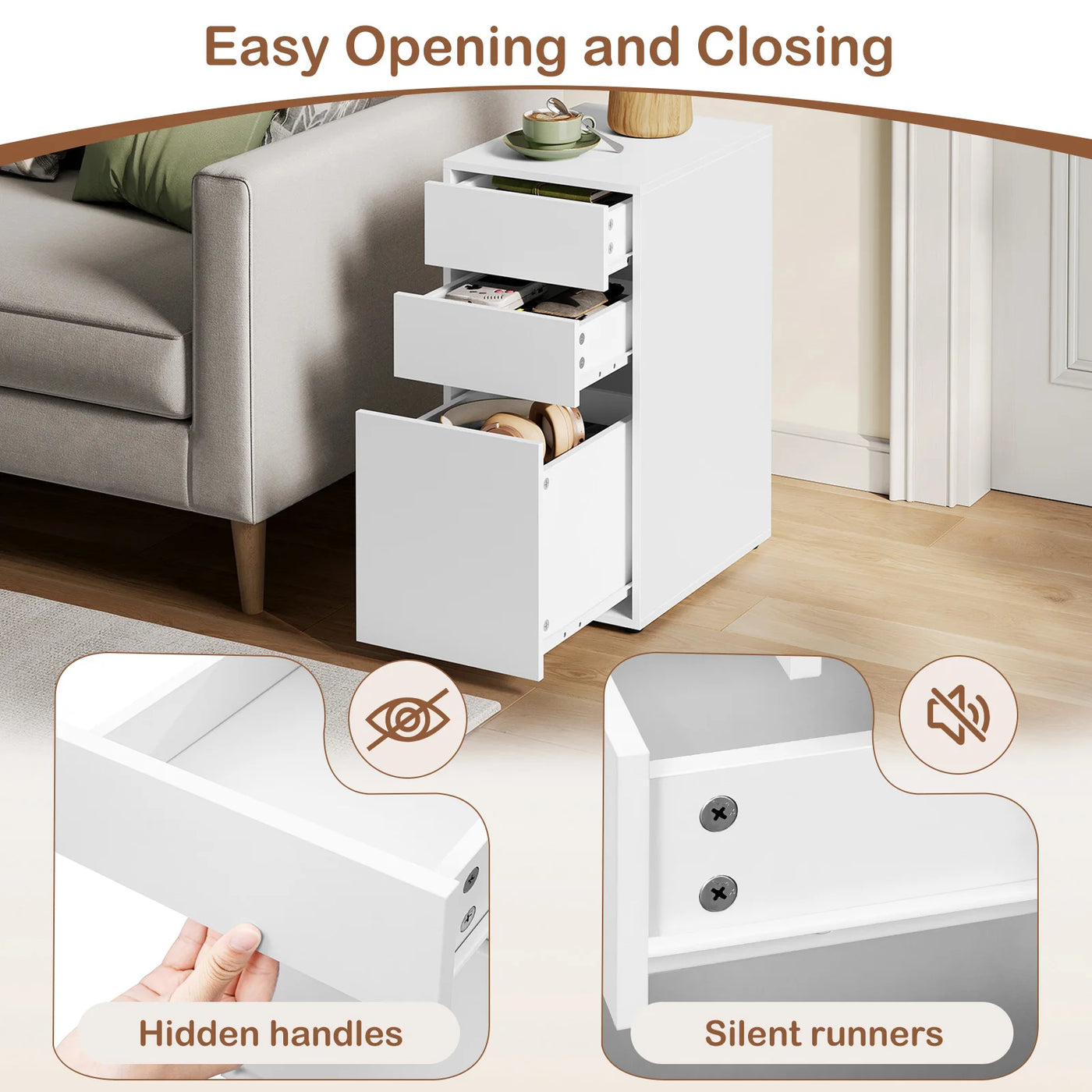 Bedside Table Solid Wood Bedside Cabinet Filing Cabinet with 3 Drawers Modern Wooden Sofa Table for Bedroom Living Room