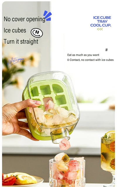 12 Grids Pressing Ice Cube Tray Block Mold 500ML Water Bottle With Straw Ice Making Mold Kitchen Tool Household Sealed Ice Maker