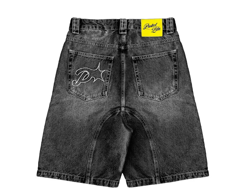 American New Letter Pattern Embroidered Denim Shorts Y2K Men's Street Retro Washed Old Trend Gothic Denim Sweatpants Street Wear