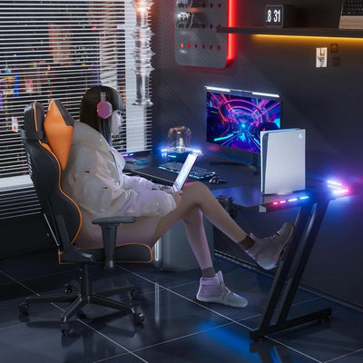 120 x 60 cm LED Gaming Desk, Large Gaming Desk with Carbon Fibre Tray, Ergonomic Computer Desk with Mouse Pad