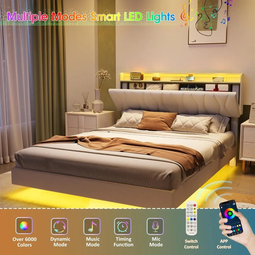 Maupvit Queen Size Floating Bed Frame with Storage Headboard, Queen Bed Frame with LED Lights, Charging Station, Upholstered