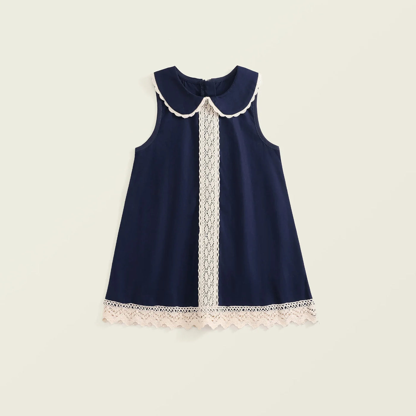 2025 Summer Toddler Girl Dress Cotton Turn Down Collar Kid Baby Girl Sling Dress Retro Loose Lace Patchwork Little Girl Sundress