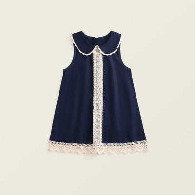 2025 Summer Toddler Girl Dress Cotton Turn Down Collar Kid Baby Girl Sling Dress Retro Loose Lace Patchwork Little Girl Sundress