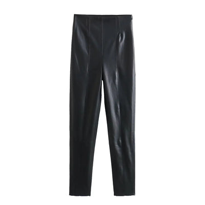 TRAFZA 2024 Women's Faux Leather Pants High Waist Straight Leg Trousers Fashion Female Streetwear Stylish Stretch Pencil Pants