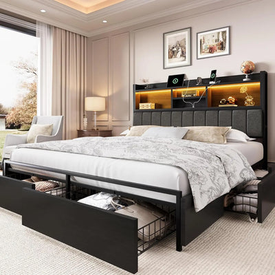 King Size Storage Bed Frame – 6 Built-In Drawers, Wooden Headboard & LED Lights with Charging Station