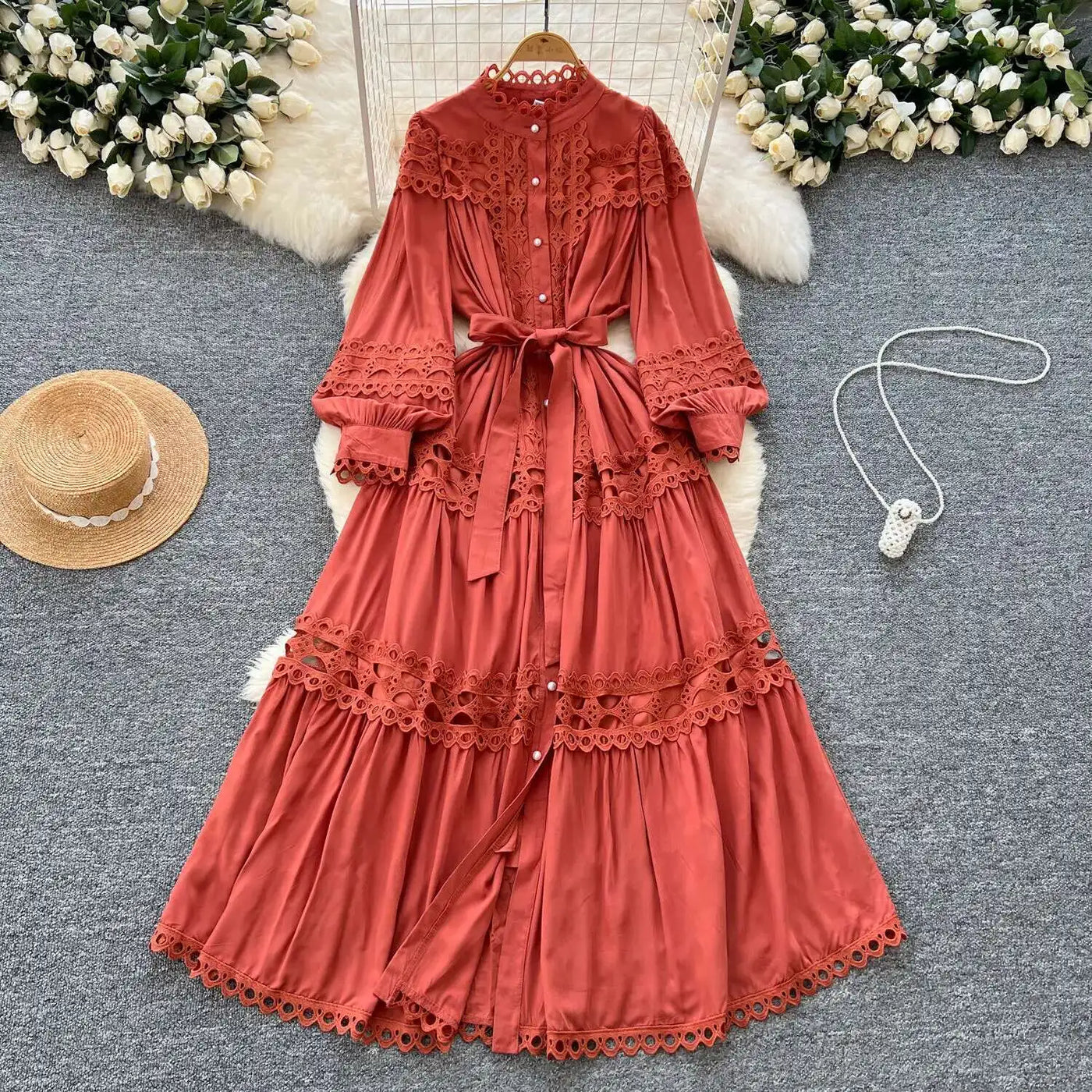 Elegant Long Maxi Hollow Out Dress Shirt Women Summer Autumn Palace Retro Pearl Button Embroidery Crochet Evening Party Vestidos