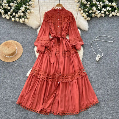 Elegant Long Maxi Hollow Out Dress Shirt Women Summer Autumn Palace Retro Pearl Button Embroidery Crochet Evening Party Vestidos