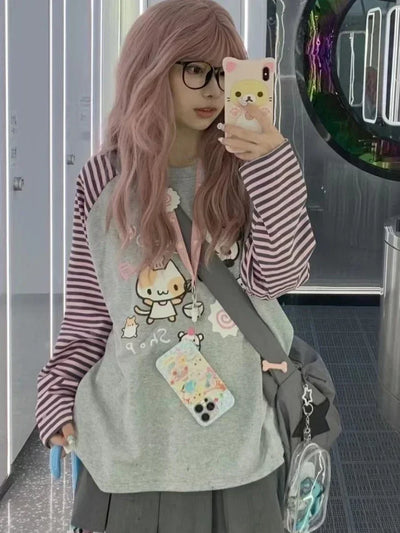 Y2k Harajuku Kawaii Striped Hoodie Women Japanese Fashion Patchwork Cartoon Print Sweatshirt Female Autumn 2023 New In