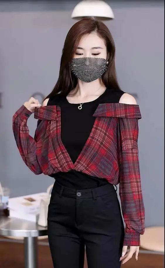 Fake Two Pieces Chiffon Silk Blouse for Women Off Shoulder Top Cool Blue Stripe Cotton Satin Shirt Woman Particular Trends Youth