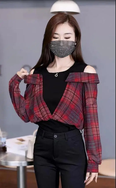 Fake Two Pieces Chiffon Silk Blouse for Women Off Shoulder Top Cool Blue Stripe Cotton Satin Shirt Woman Particular Trends Youth