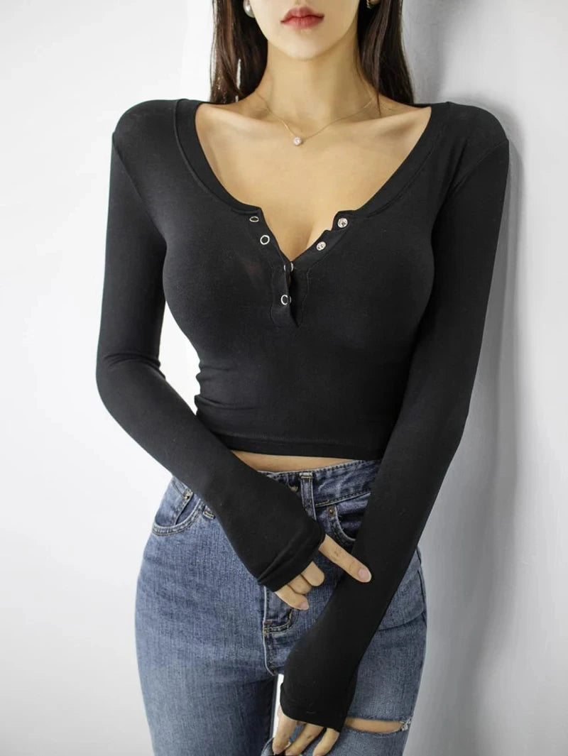 Button V-Neck Sexy Crop Top female long Sleeve Sashion Solid Color lady Tees Comfy Summer Basic Chic Thin T shirt See Through
