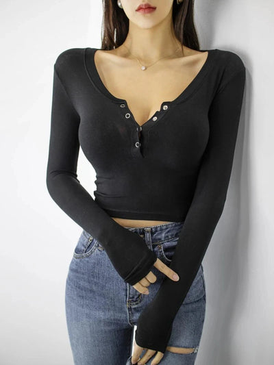 Button V-Neck Sexy Crop Top female long Sleeve Sashion Solid Color lady Tees Comfy Summer Basic Chic Thin T shirt See Through