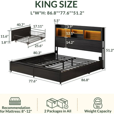 King Size Storage Bed Frame – 6 Built-In Drawers, Wooden Headboard & LED Lights with Charging Station