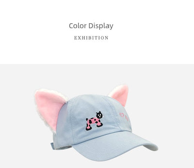 Y2g Sweet Cute Light Blue Cat Stuffed Ears Embroider Baseball Cap Female Easiest for Match Face-Looking Small Peaked Cap