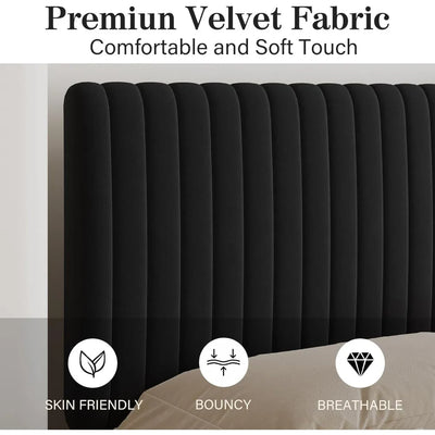 Twin Bed Frame, Velvet Upholstered Platform Bed with Vertical Channel Tufted Headboard and Footboard, No Box Spring Required