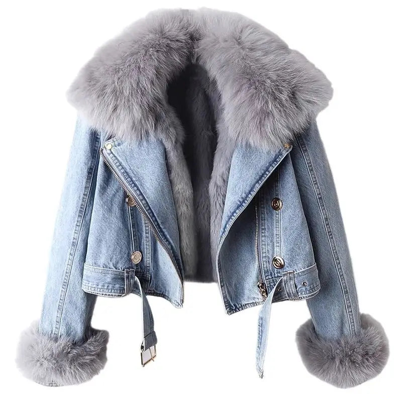 Short Thicken Denim Jacket For women 2025 Autumn Winter Detachable Imitation Fox fur Zipper Denim Coat Female Warm Parker Tops