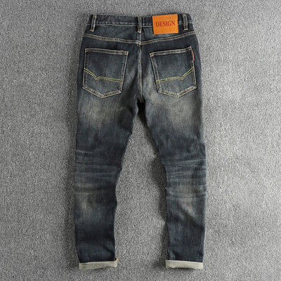 Vintage wash blue to do old simple embroidered jeans men fit small straight leg American trend personality youth pants