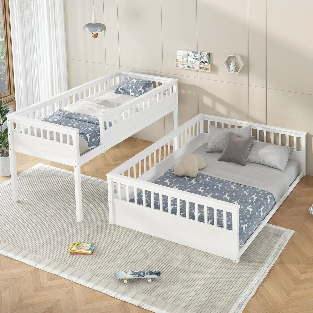 Low Bunk Beds Twin XL Over Queen Floor Bunk Bed with Ladder and Guardrail Wood Detachable Bunk Bed Frame for Boys, Girls, No Spr