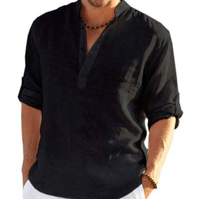 Men Cotton Linen T-shirts Summer V Collarless Long Sleeve Solid Sand Beachwear Office Man Tee Shirt Tops BSDFS-ZT167