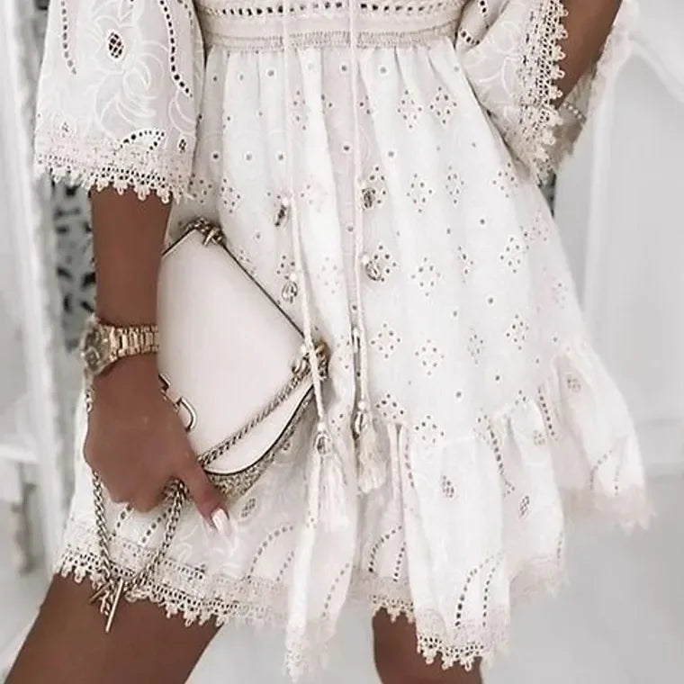 Women Elegant White Hollow Lace Mini Dress Summer V-neck Patchwork Lace Up Three Quarter Sleeve Ladies Vacation Beach Dresses
