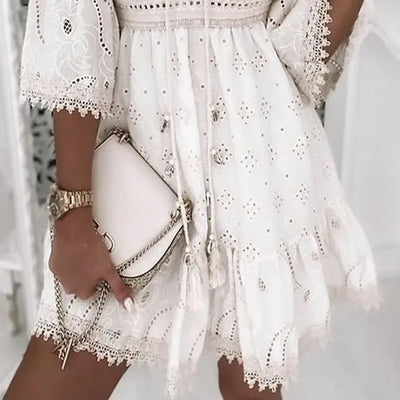 Women Elegant White Hollow Lace Mini Dress Summer V-neck Patchwork Lace Up Three Quarter Sleeve Ladies Vacation Beach Dresses