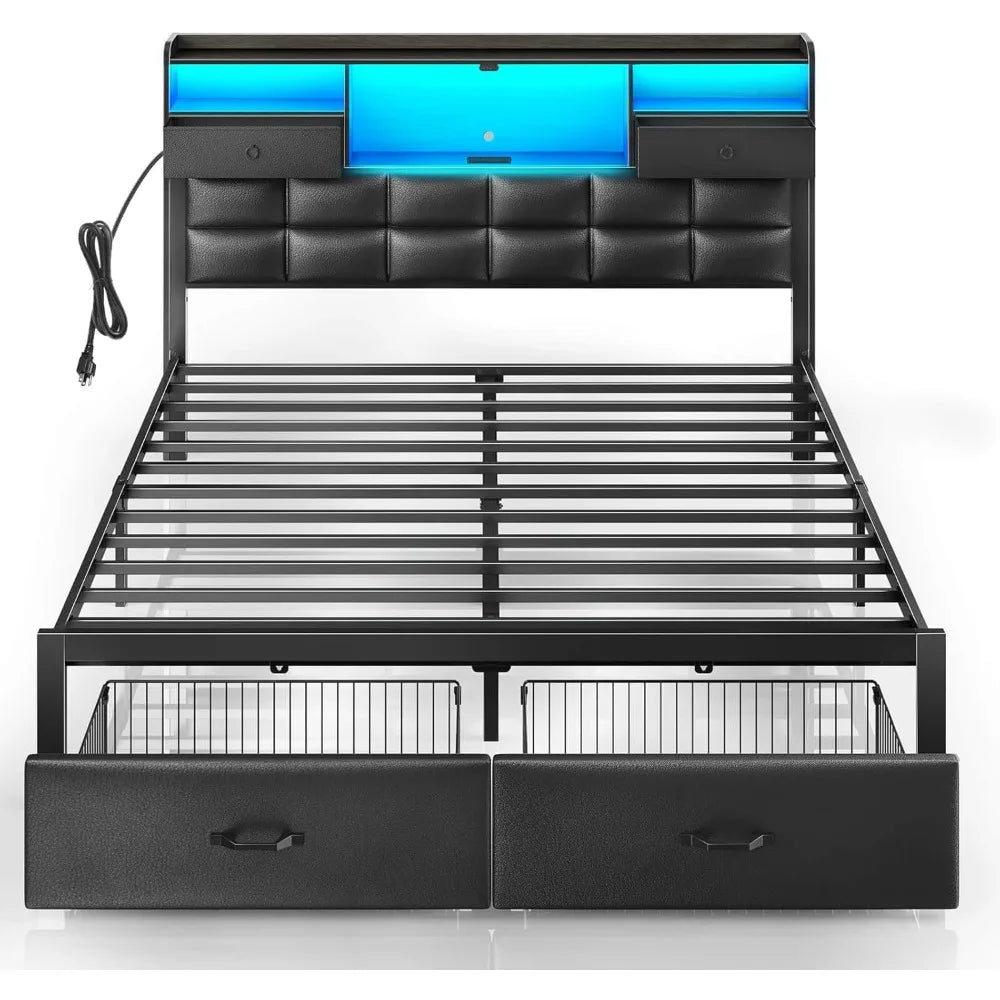 Bed Frame Queen Size with Drawers and Charging Station,Metal Frame,Upholstered Platform Bed with Storage Headboard and LED Light