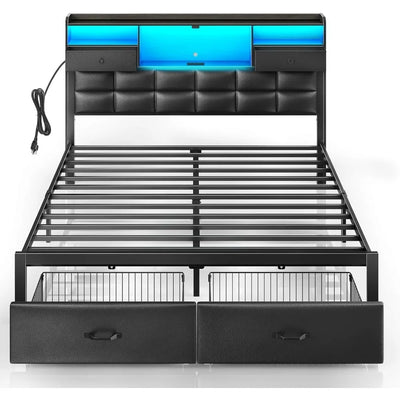 Bed Frame Queen Size with Drawers and Charging Station,Metal Frame,Upholstered Platform Bed with Storage Headboard and LED Light