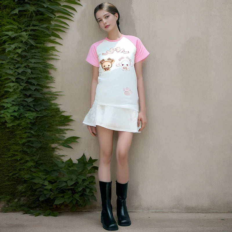 Y2k women clothing Rabbit Cute Pink Kawaii T-shirt Patchwork Short Sleeve Tops 2024 Loose Harajuku Subculture Chic Sweet Tees