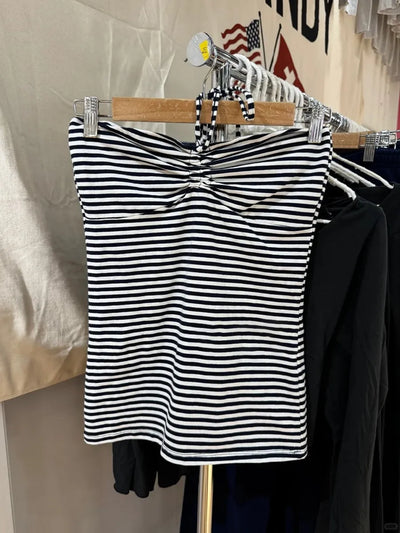 Solid Cotton Drawstring Strapless Tank Tops Women Streetwear Side Split Slim Cropped Vest Summer Sweet Vintage Chic Camis Y2K