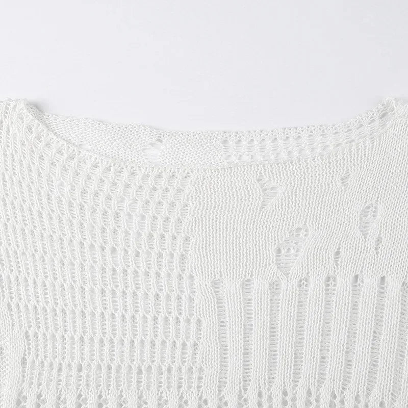 Women's Vintage Gothic Hollow Knit Sweater with Ripped Holes Grunge Y2K Style Thin Long Sleeve Loose Fit Summer Top in Black