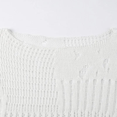 Women's Vintage Gothic Hollow Knit Sweater with Ripped Holes Grunge Y2K Style Thin Long Sleeve Loose Fit Summer Top in Black