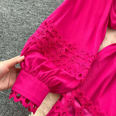 Elegant Long Maxi Hollow Out Dress Shirt Women Summer Autumn Palace Retro Pearl Button Embroidery Crochet Evening Party Vestidos