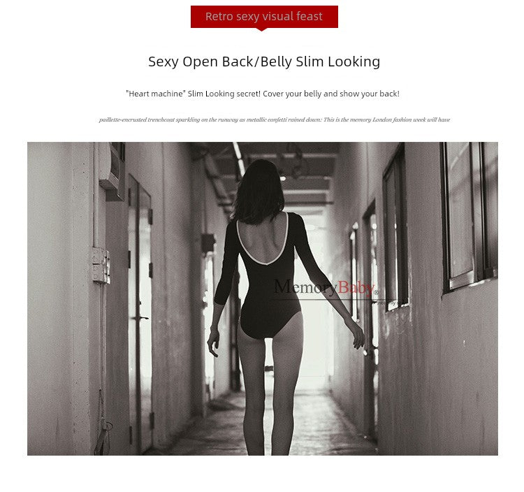 Memorybaby Holiday New Retro Elegant Conservative Cover Belly Thin Stunning Open Back Long-Sleeved One-Piece Swimsuit