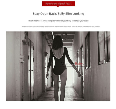 Memorybaby Holiday New Retro Elegant Conservative Cover Belly Thin Stunning Open Back Long-Sleeved One-Piece Swimsuit