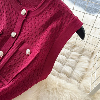 Women's Round Neck Sleeveless Dress Single-breasted Chic Elasticated Waist Slim Long Skirt   New High Quality Knitted Dress