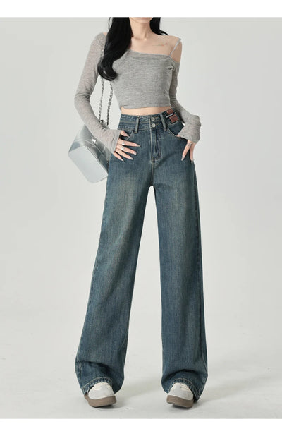 Women's Narrow Cut Wide Leg Jeans With High Waist And Hanging Feeling Straight Leg Casual Look Slim Contrasting Colors Pants