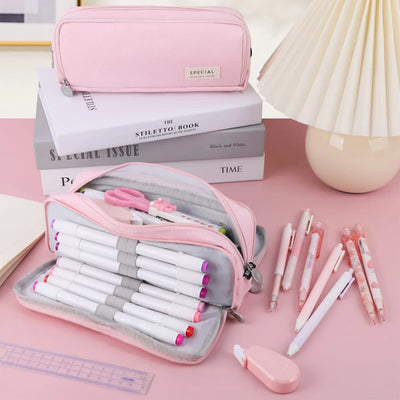 Large Capacity Pencil Case 3 Compartment Pouch Pen Storage Bag Double Side Opening Student Stationery Organizer School Supplies
