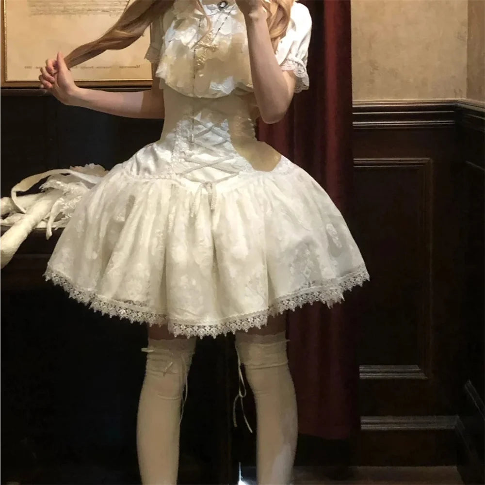 2025 Lolita Subculture Black White Short SK Lace Skirt High Waist Lace Up Girls Birthday Gothic Victorian Cosplay Party Skirts