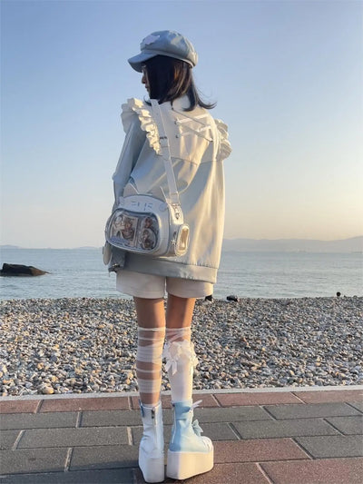 JIAERDI Kawaii Cat Ita Bag Lolita Y2K Backpack Female Cute PU Shoulder Bag Girl Transparent Pocket Harajuku Crossbody Bag Women