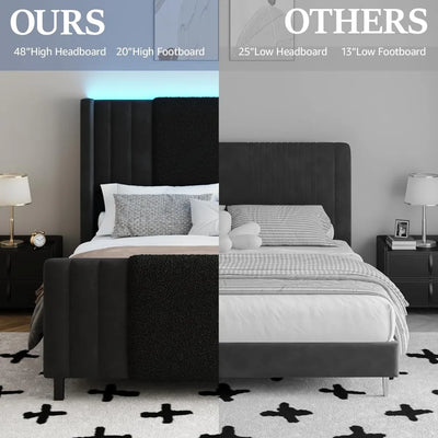 Queen Size Bed Frame with Tall Headboard and Footboard, Boucle and Velvet Upholstered Bed Frame Queen with LED Lights