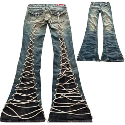 High Waisted Y2k Jeans Retro Blue Ripped Jeans for Women Line Sewn Gothic Punk Trumpet Jeans Casual Slim Streetwear Trousers