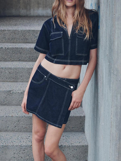 Women’s 2 Piece Denim Outfits Short Sleeve Lapel Jean Tops and Asymmetrical Shorts Set Streetwear